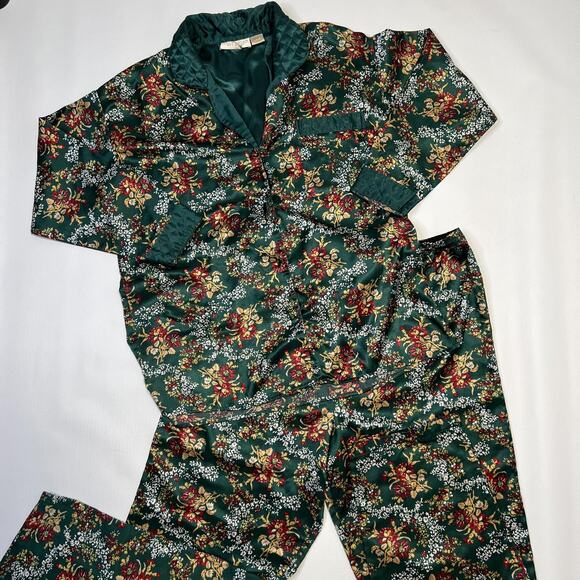 Vintage Victoria's Secret Pajama Set Womens Small Green Floral Quilted Satin 90s - Picture 1 of 13